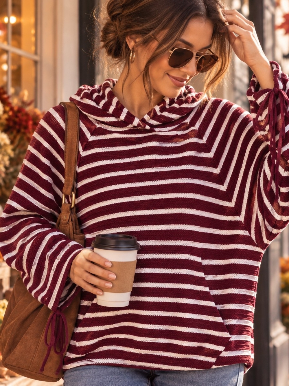 Burgundy Cream Striped Hooded Knit Sweater Pullover Mittoshop S
